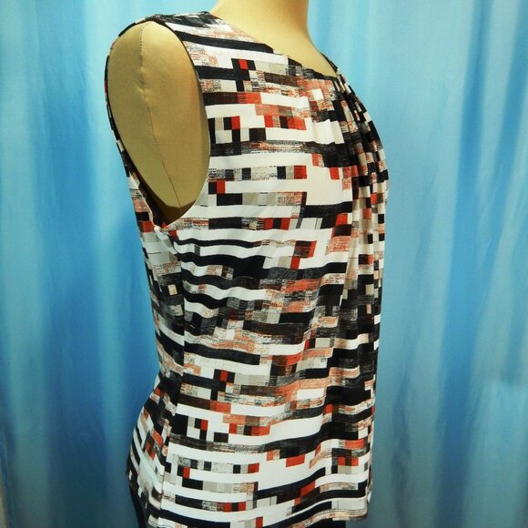 Calvin Klein Red/Black/White Geometric Pleat Neck Sleeveless Career Top Lg EUC - Picture 5 of 11